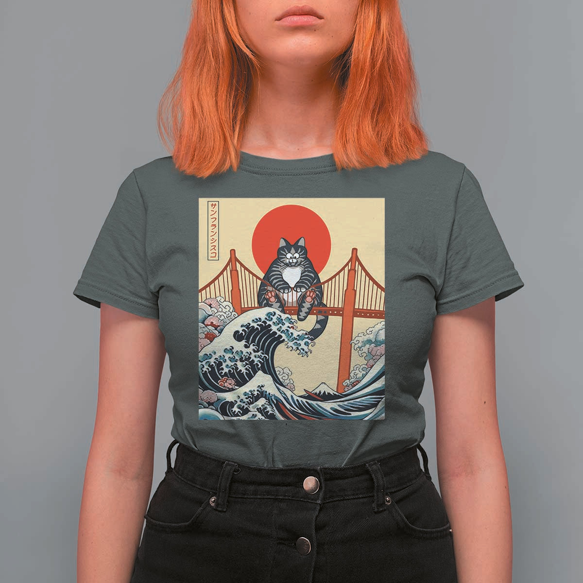 San Francisco Cat T Shirt For Women Vintage Japanese Anime Kawaii Cat Sunset