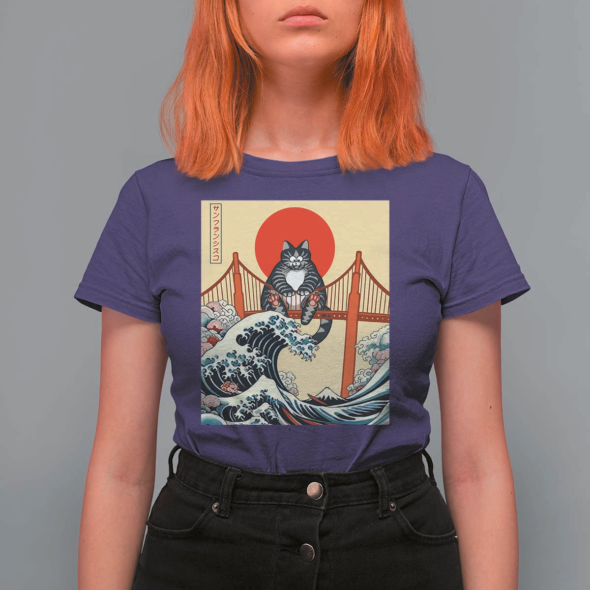 San Francisco Cat T Shirt For Women Vintage Japanese Anime Kawaii Cat Sunset
