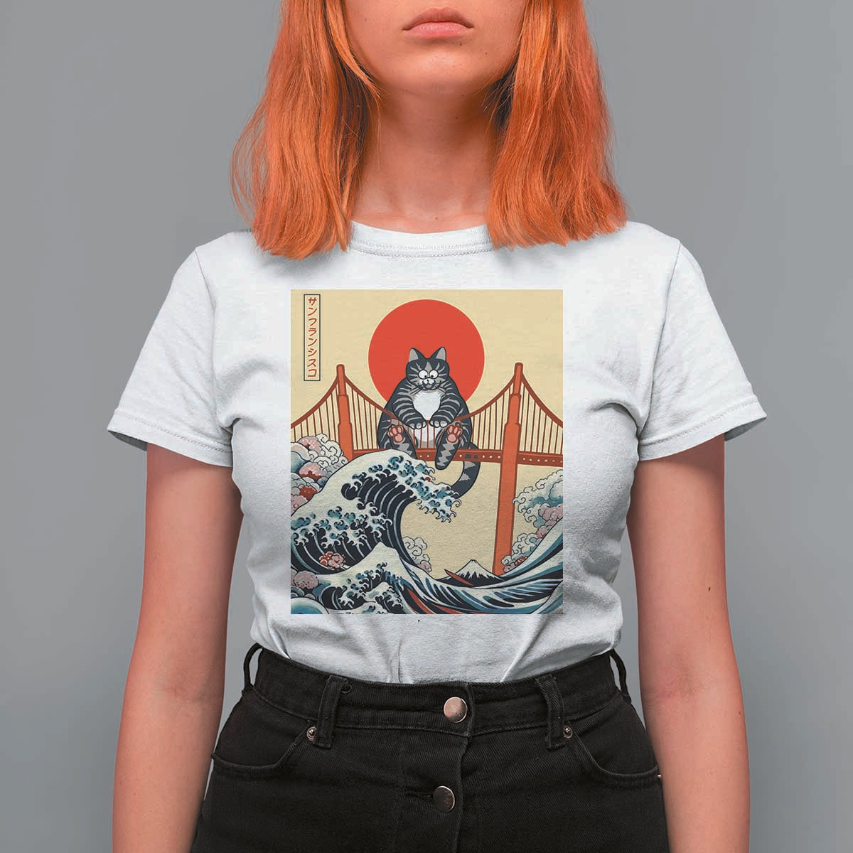 San Francisco Cat T Shirt For Women Vintage Japanese Anime Kawaii Cat Sunset