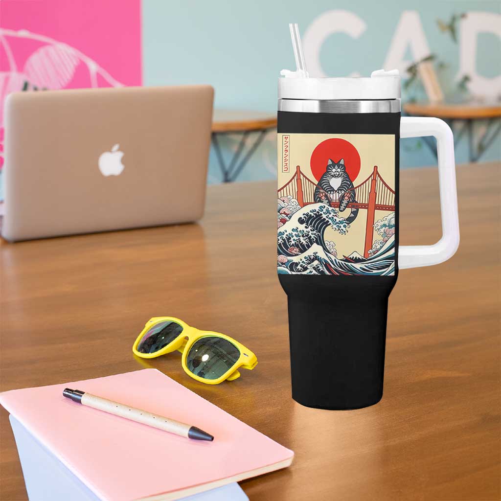 San Francisco Cat Tumbler With Handle Vintage Japanese Anime Kawaii Cat Sunset