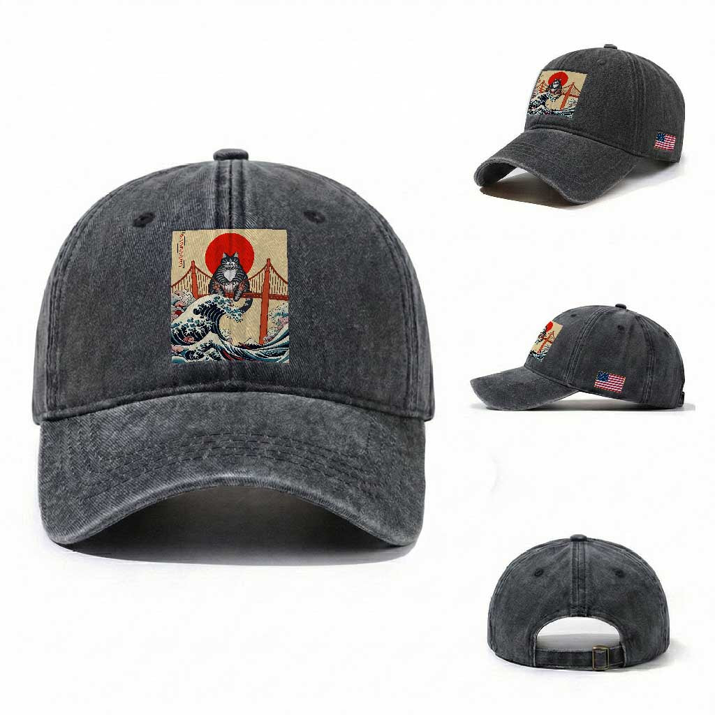 San Francisco Cat Washed Cotton Baseball Cap Vintage Japanese Anime Kawaii Cat Sunset