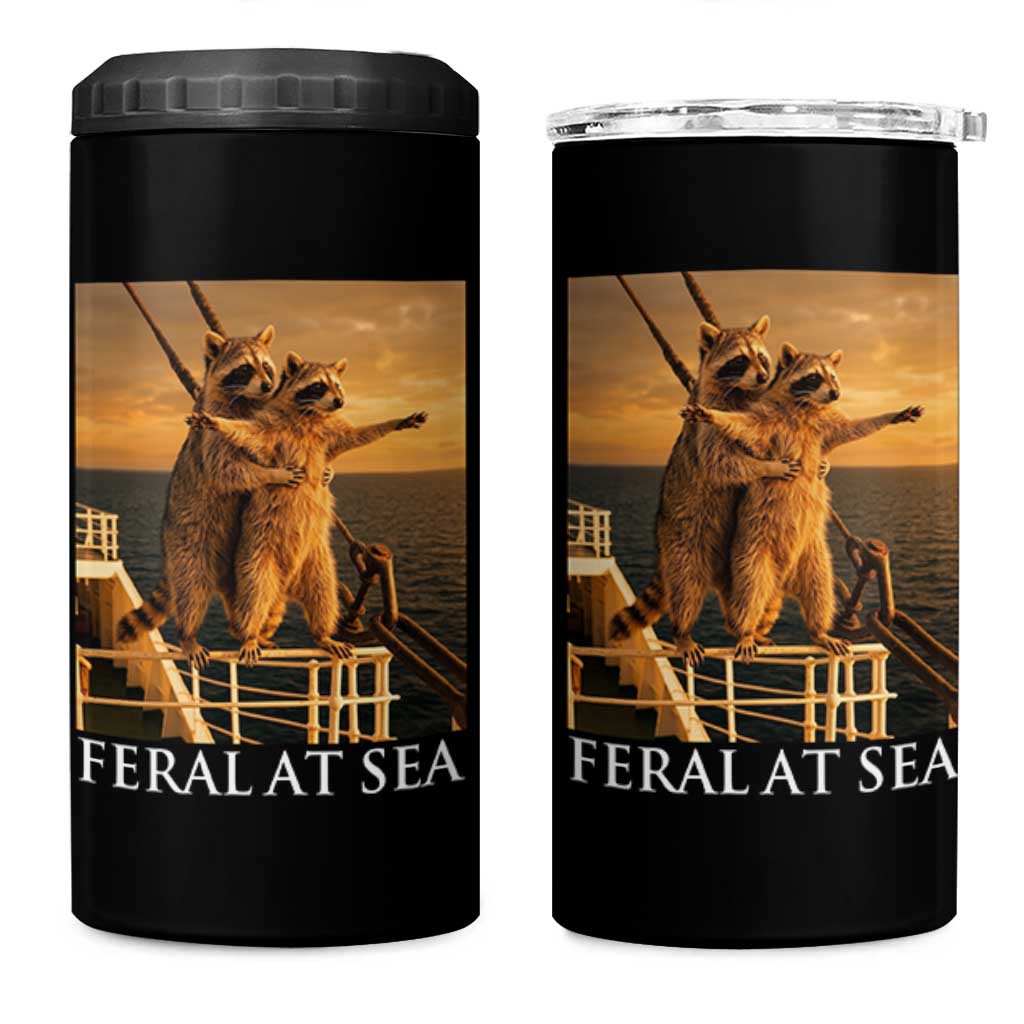 Vintage Feral At Sea Cruise 4 in 1 Can Cooler Tumbler Funny Raccoon Parody Movie