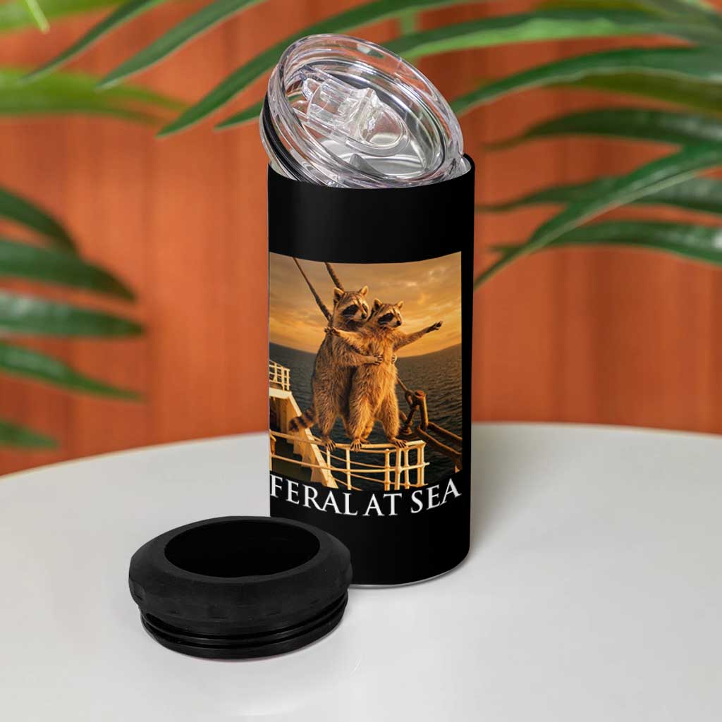 Vintage Feral At Sea Cruise 4 in 1 Can Cooler Tumbler Funny Raccoon Parody Movie