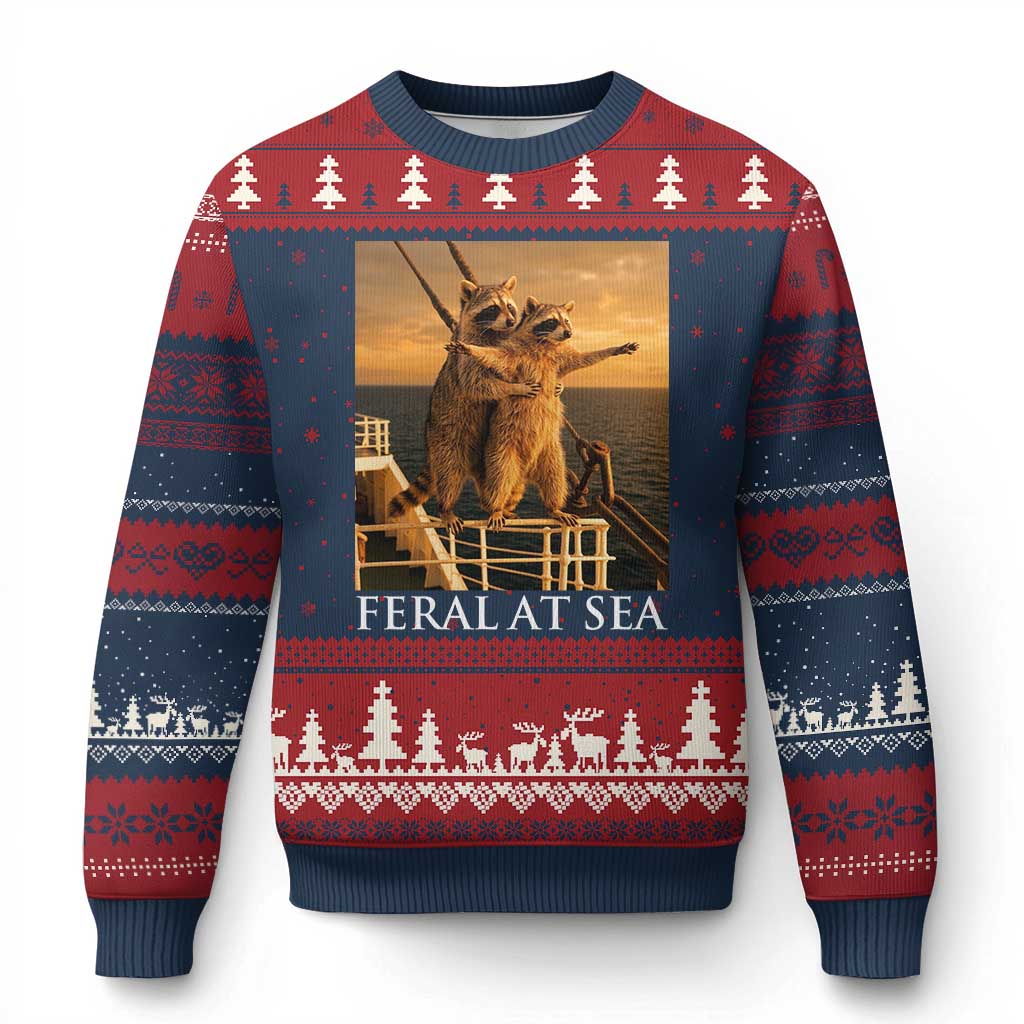 Vintage Feral At Sea Cruise Ugly Christmas Sweater Funny Raccoon Parody Movie