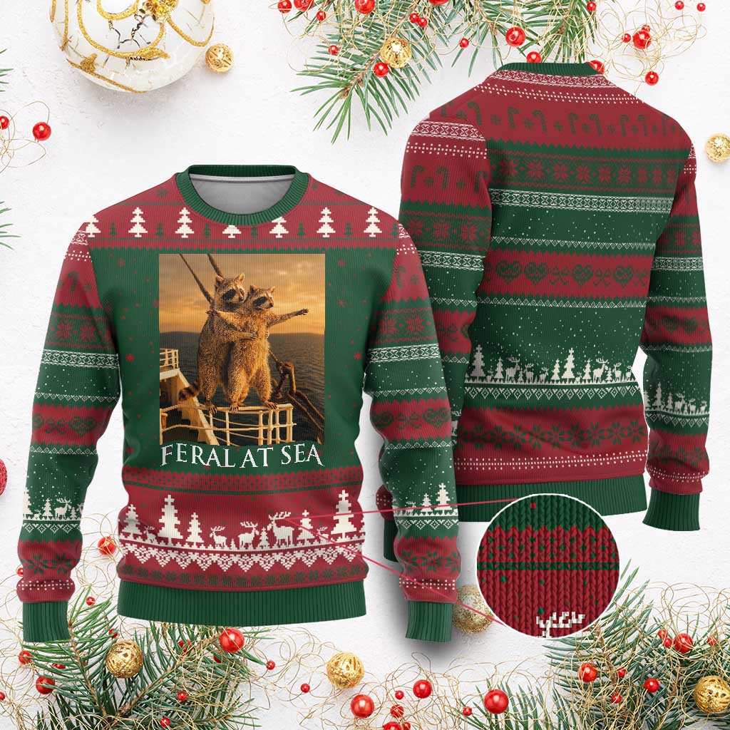 Vintage Feral At Sea Cruise Ugly Christmas Sweater Funny Raccoon Parody Movie