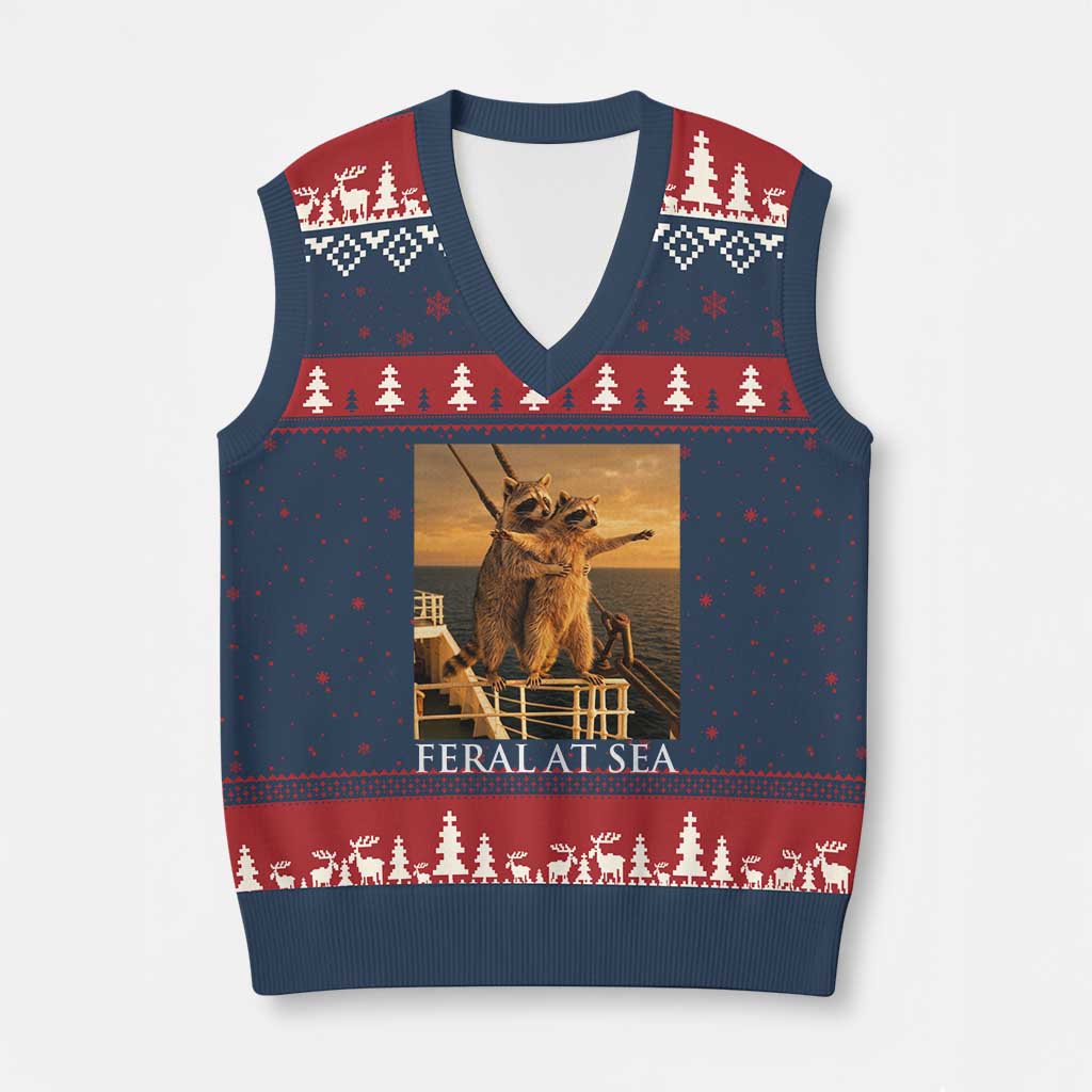 Vintage Feral At Sea Cruise V-Neck Knit Sweater Vest Funny Raccoon Parody Movie