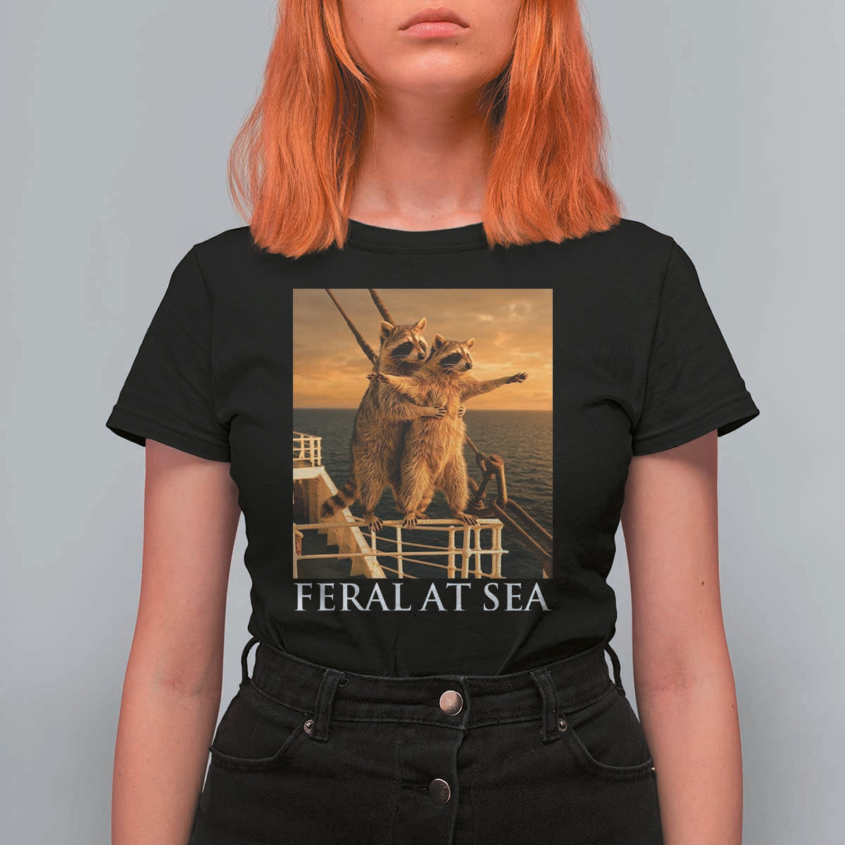 Vintage Feral At Sea Cruise T Shirt For Women Funny Raccoon Parody Movie