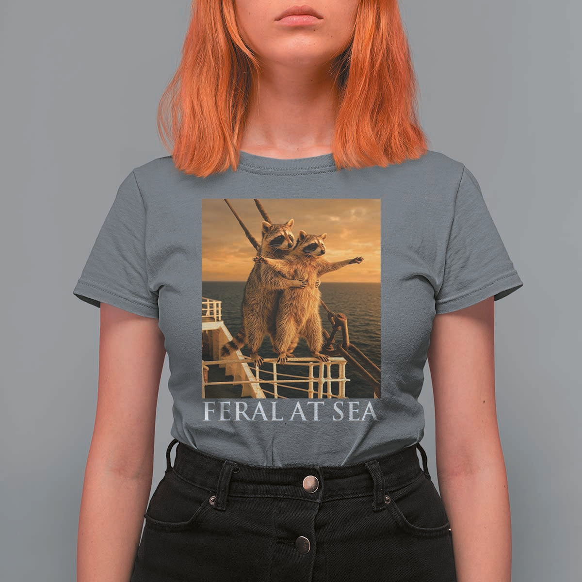 Vintage Feral At Sea Cruise T Shirt For Women Funny Raccoon Parody Movie