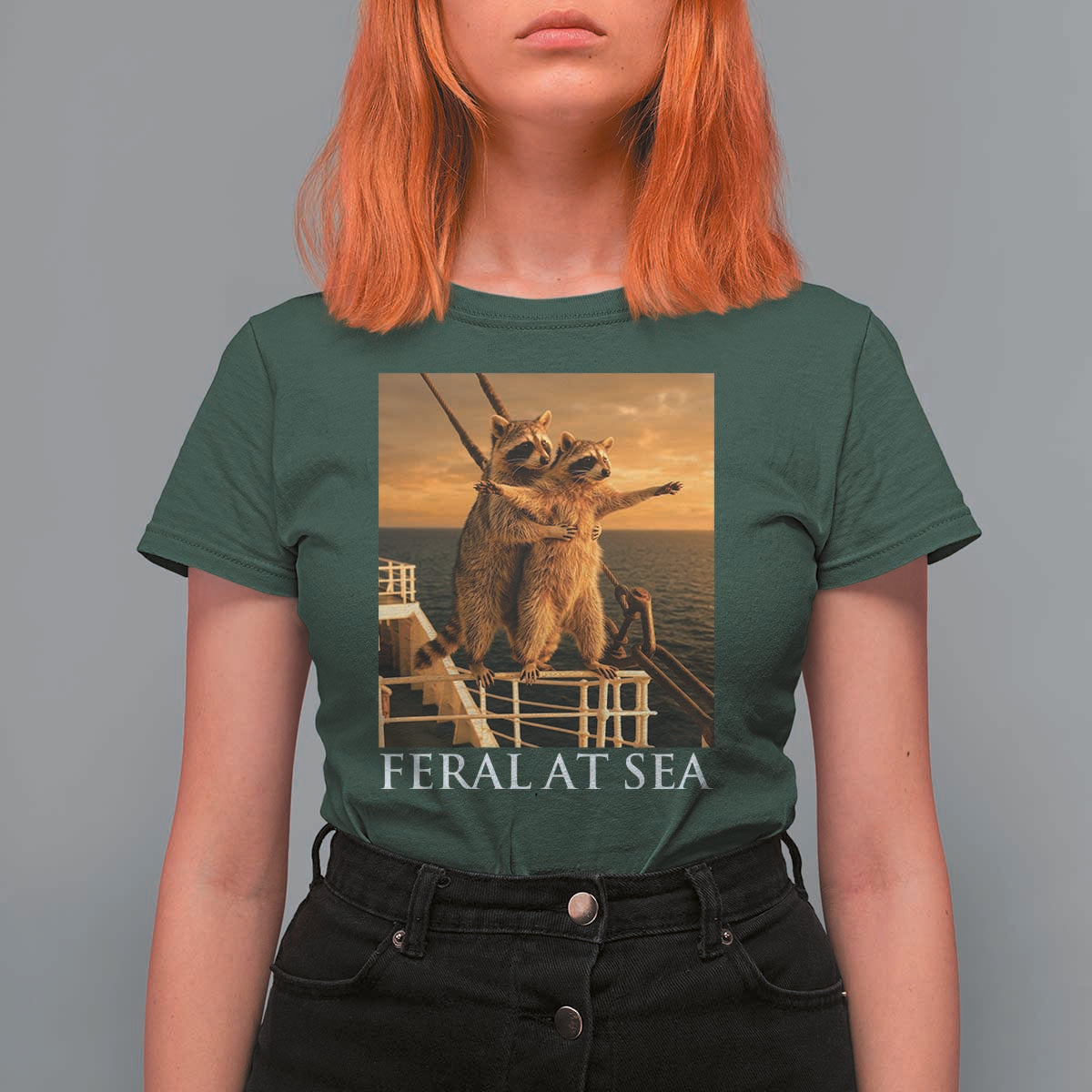 Vintage Feral At Sea Cruise T Shirt For Women Funny Raccoon Parody Movie