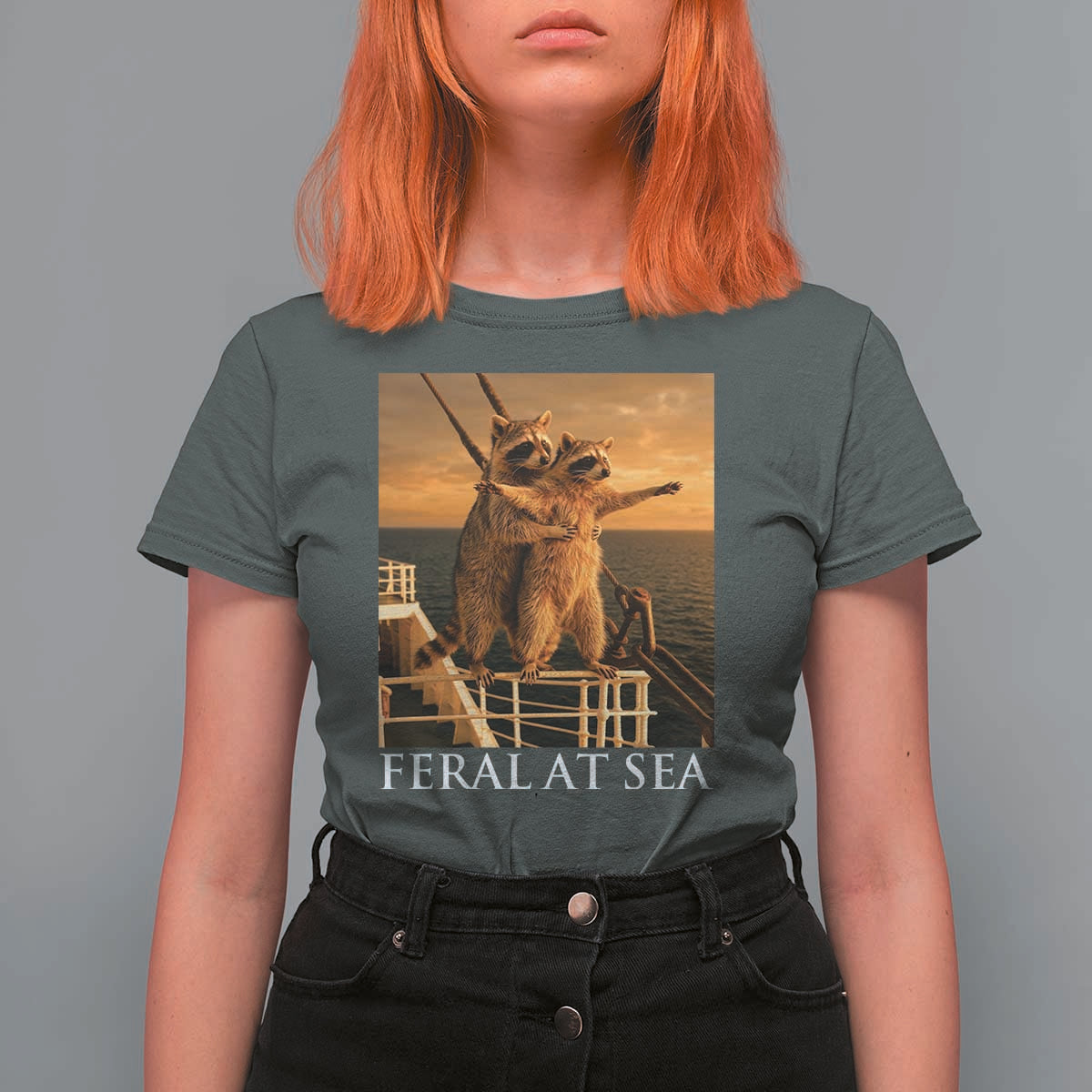 Vintage Feral At Sea Cruise T Shirt For Women Funny Raccoon Parody Movie