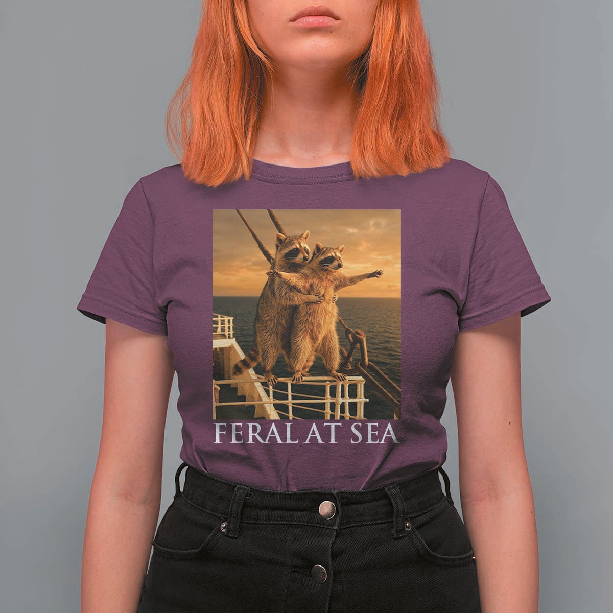 Vintage Feral At Sea Cruise T Shirt For Women Funny Raccoon Parody Movie