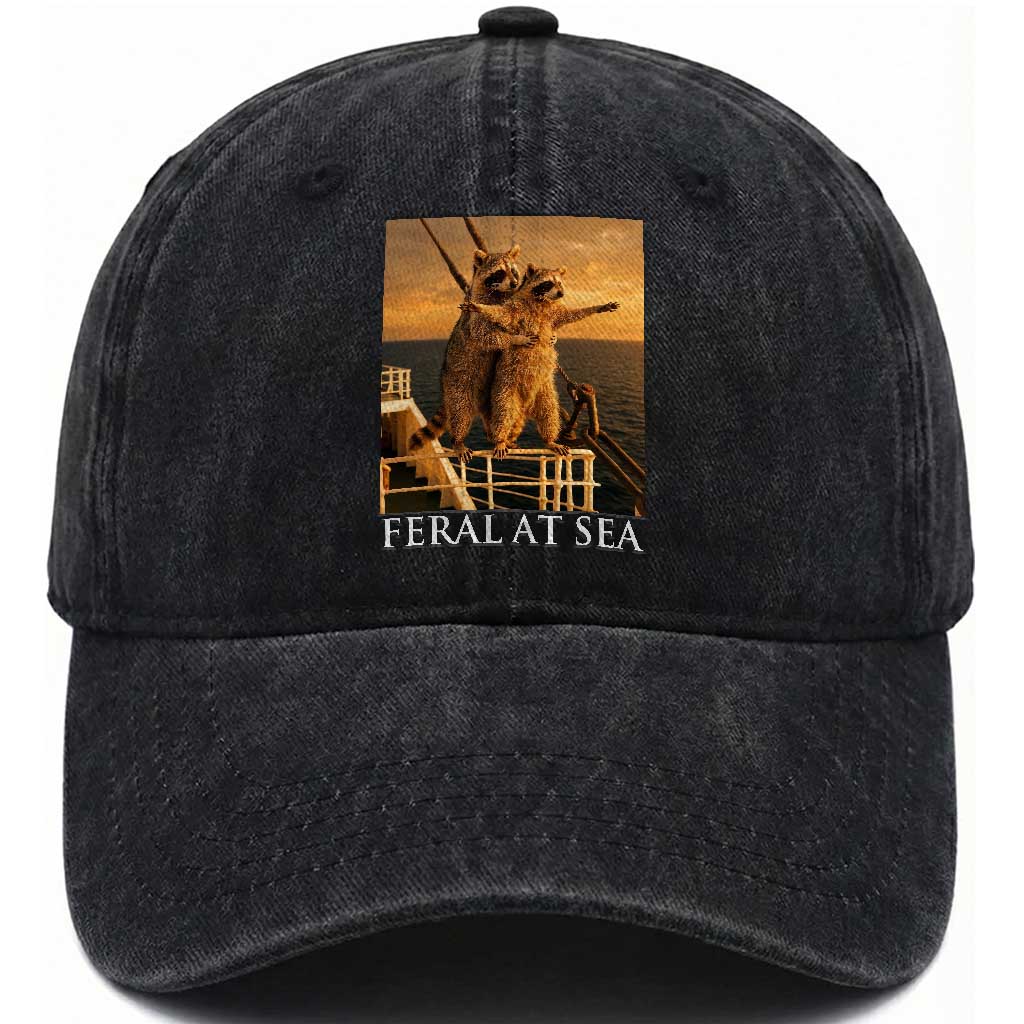 Vintage Feral At Sea Cruise Washed Cotton Baseball Cap Funny Raccoon Parody Movie