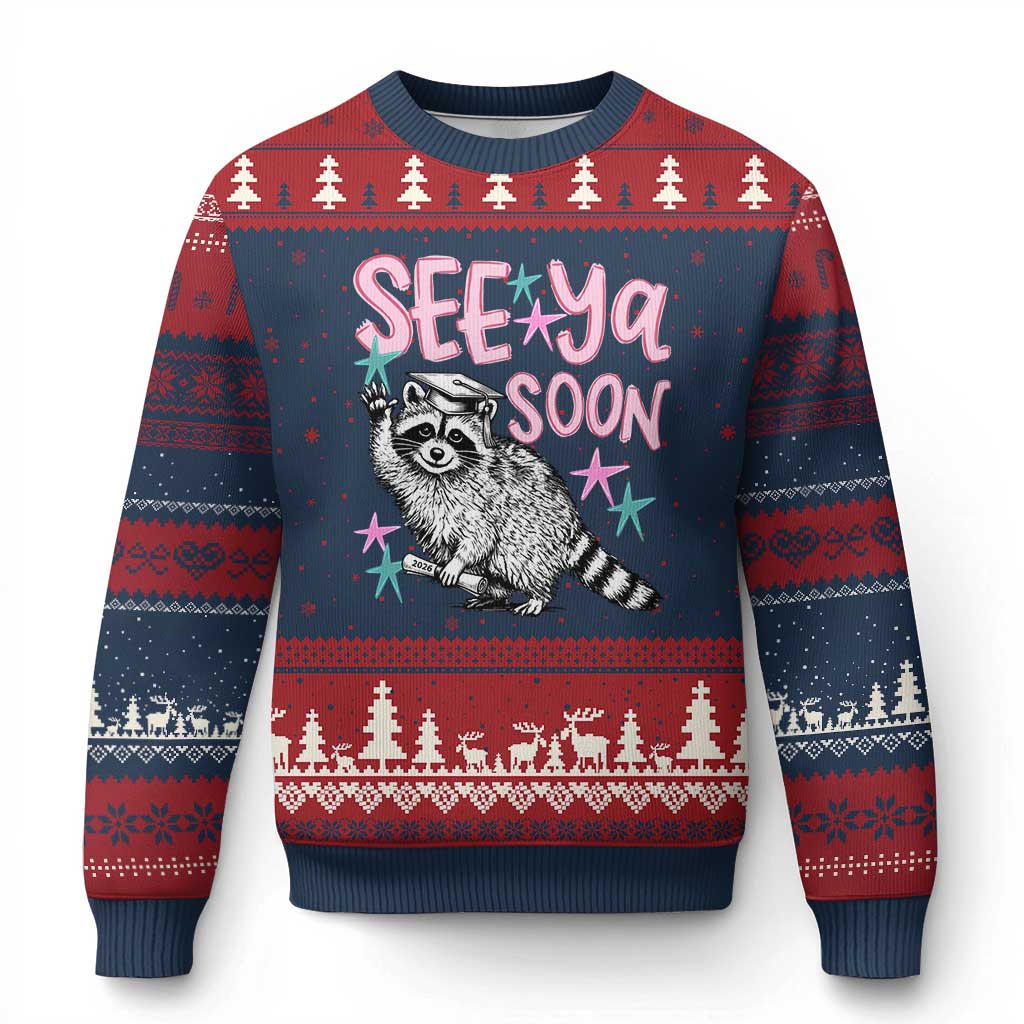 Funny Raccoon Graduation Ugly Christmas Sweater Senior Grad 2026 See Ya Soon