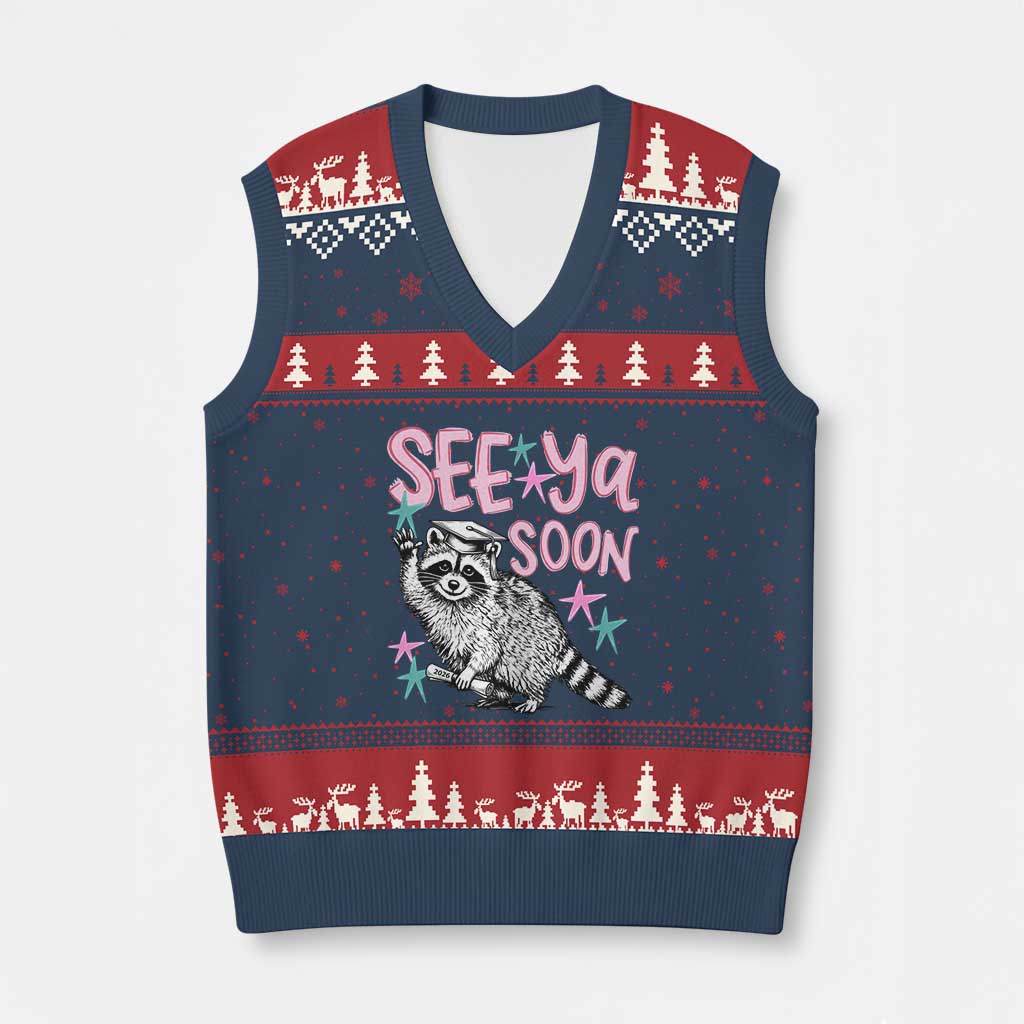 Funny Raccoon Graduation V-Neck Knit Sweater Vest Senior Grad 2026 See Ya Soon