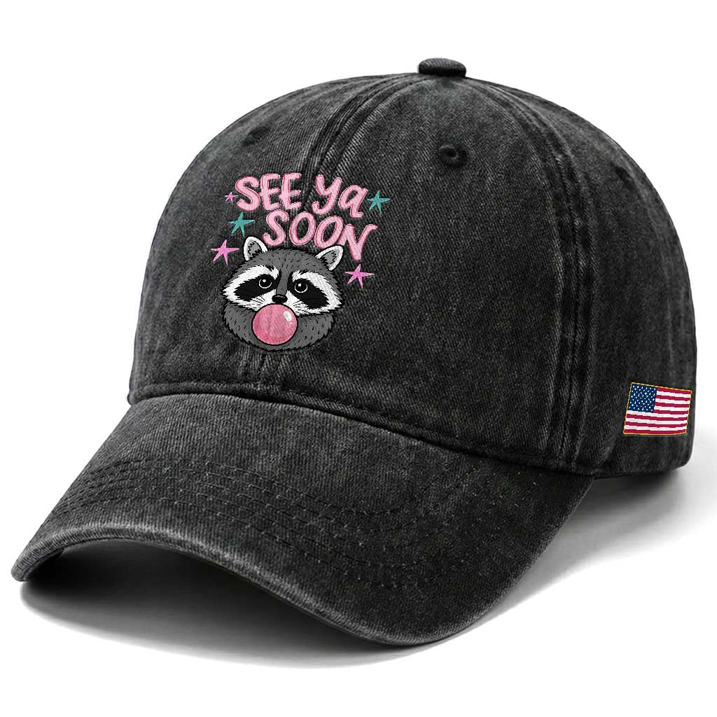 See Ya Soon Washed Cotton Baseball Cap Funny Raccoon Summer Last Day Of School