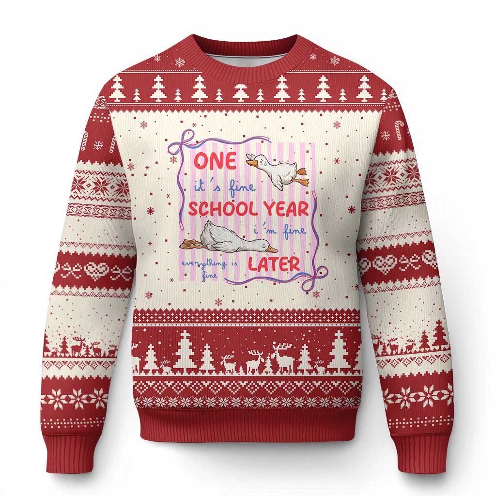 Striped One School Year Later Ugly Christmas Sweater Funny Goose Teacher Summer