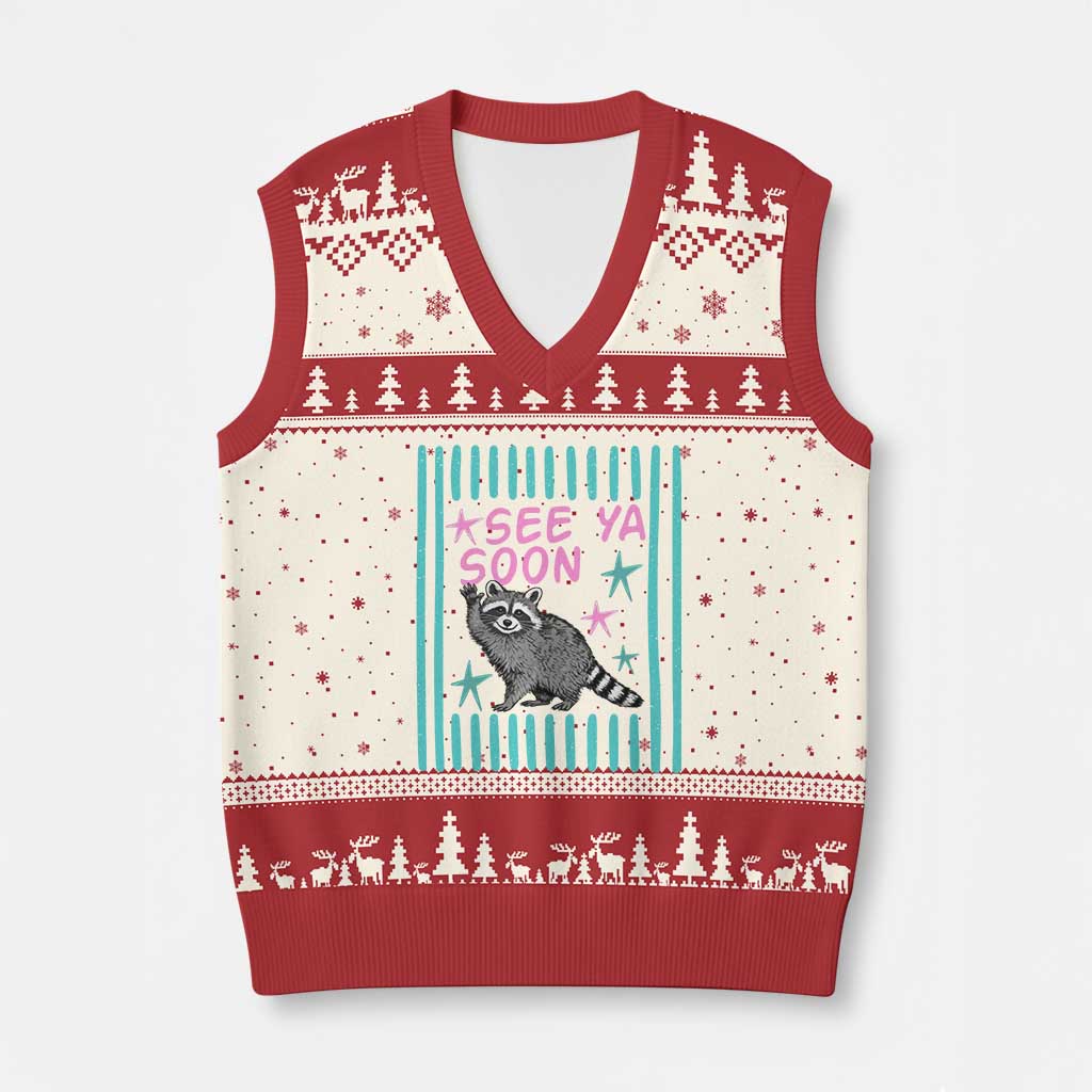 Striped Funny See Ya Soon Racoon V-Neck Knit Sweater Vest Last Day Of School Teacher