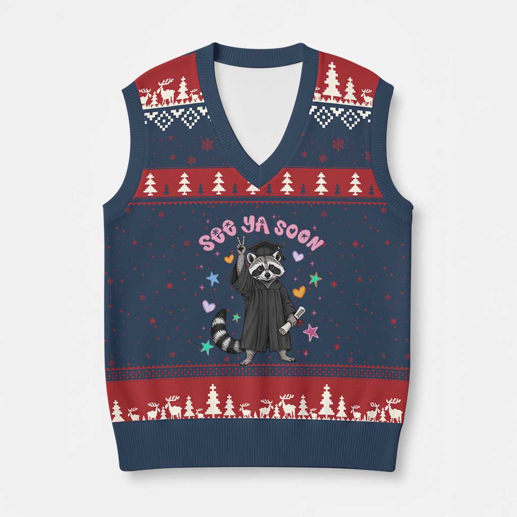 See Ya Soon Raccoon V-Neck Knit Sweater Vest Funny Raccoon Graduation 2026