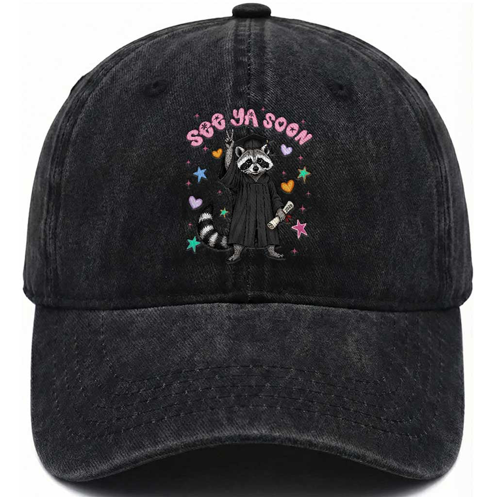 See Ya Soon Raccoon Washed Cotton Baseball Cap Funny Raccoon Graduation 2026