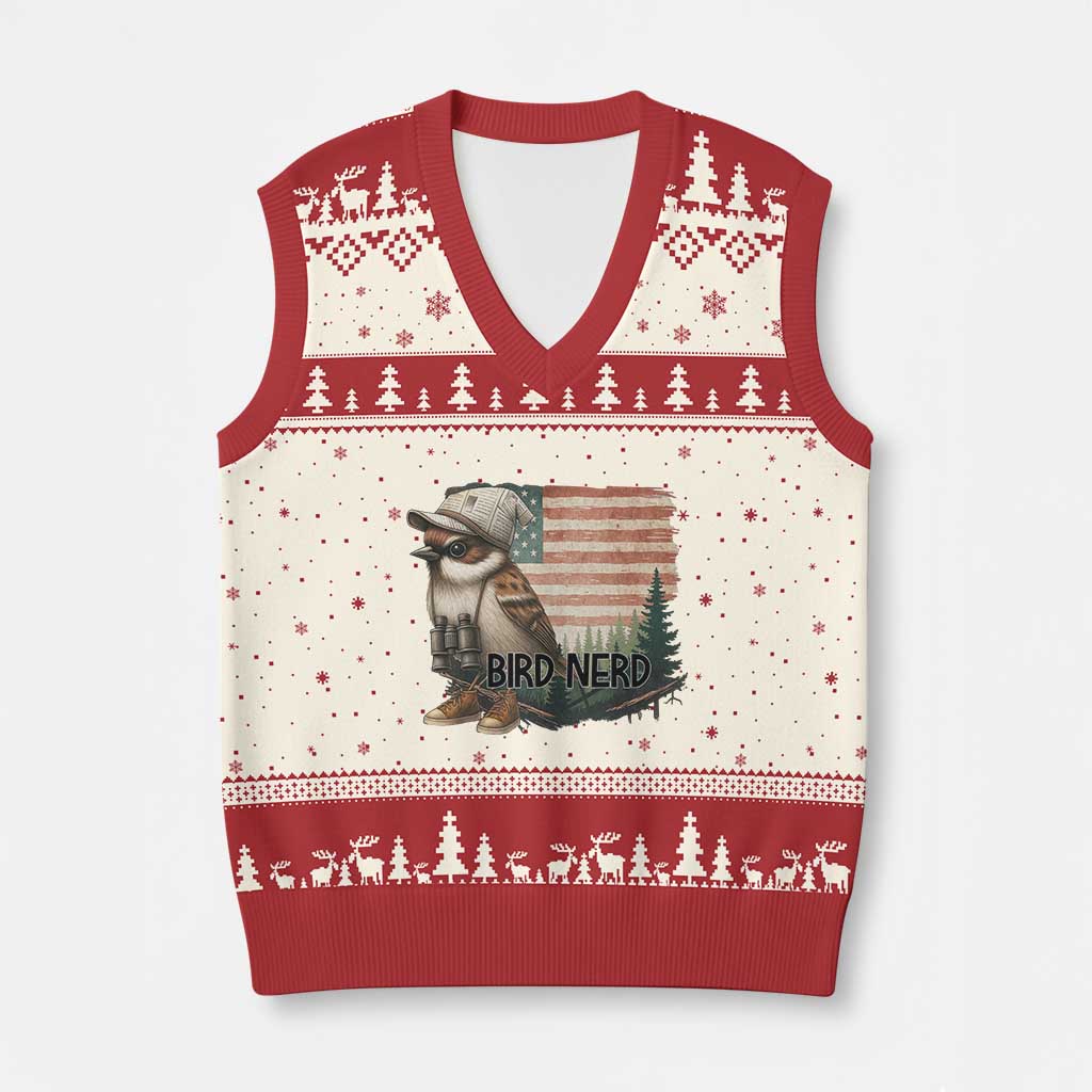 Bird Nerd V-Neck Knit Sweater Vest Funny Bird Watching Patriotic American Flag - undefined
