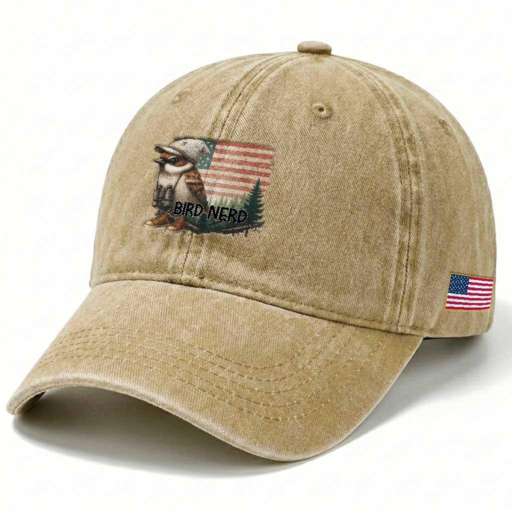 Bird Nerd Washed Cotton Baseball Cap Funny Bird Watching Patriotic American Flag