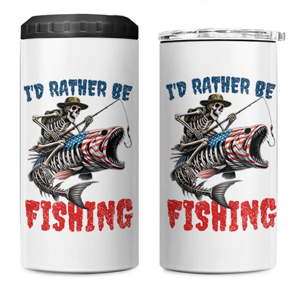 Funny Skeleton Fish 4 in 1 Can Cooler Tumbler Id Rather Be Fishing Bass Fisherman Halloween