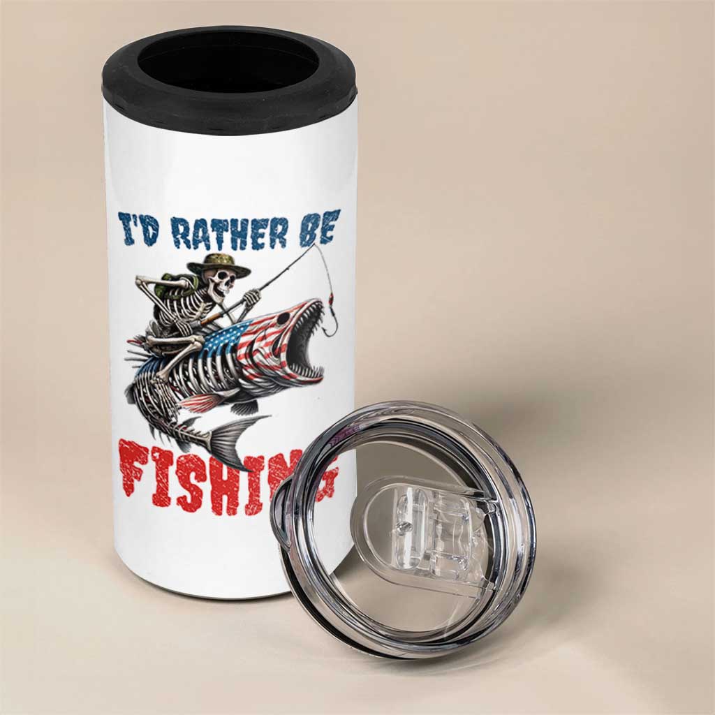 Funny Skeleton Fish 4 in 1 Can Cooler Tumbler Id Rather Be Fishing Bass Fisherman Halloween