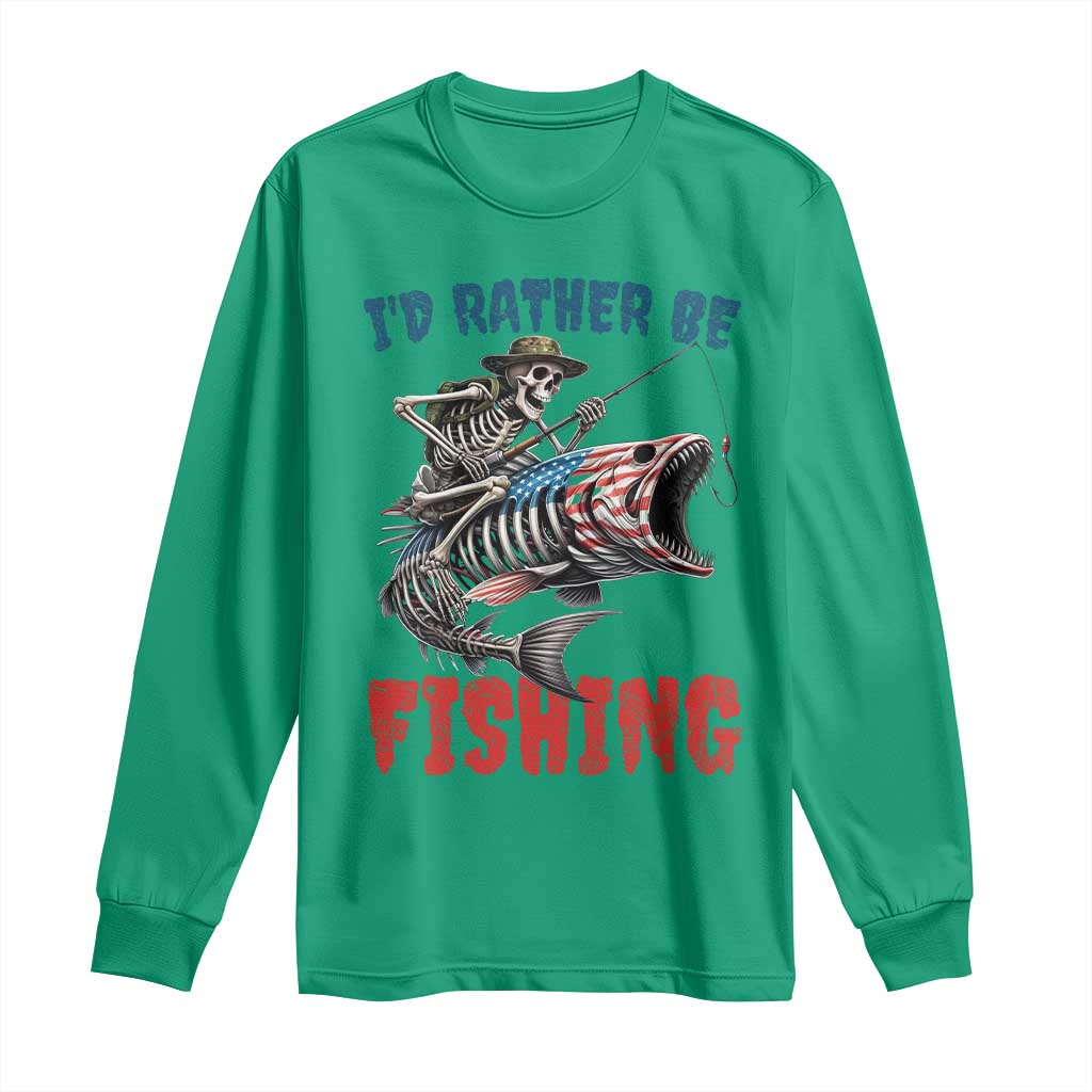 Funny Skeleton Fish Long Sleeve Shirt Id Rather Be Fishing Bass Fisherman Halloween - Wonder Print Shop