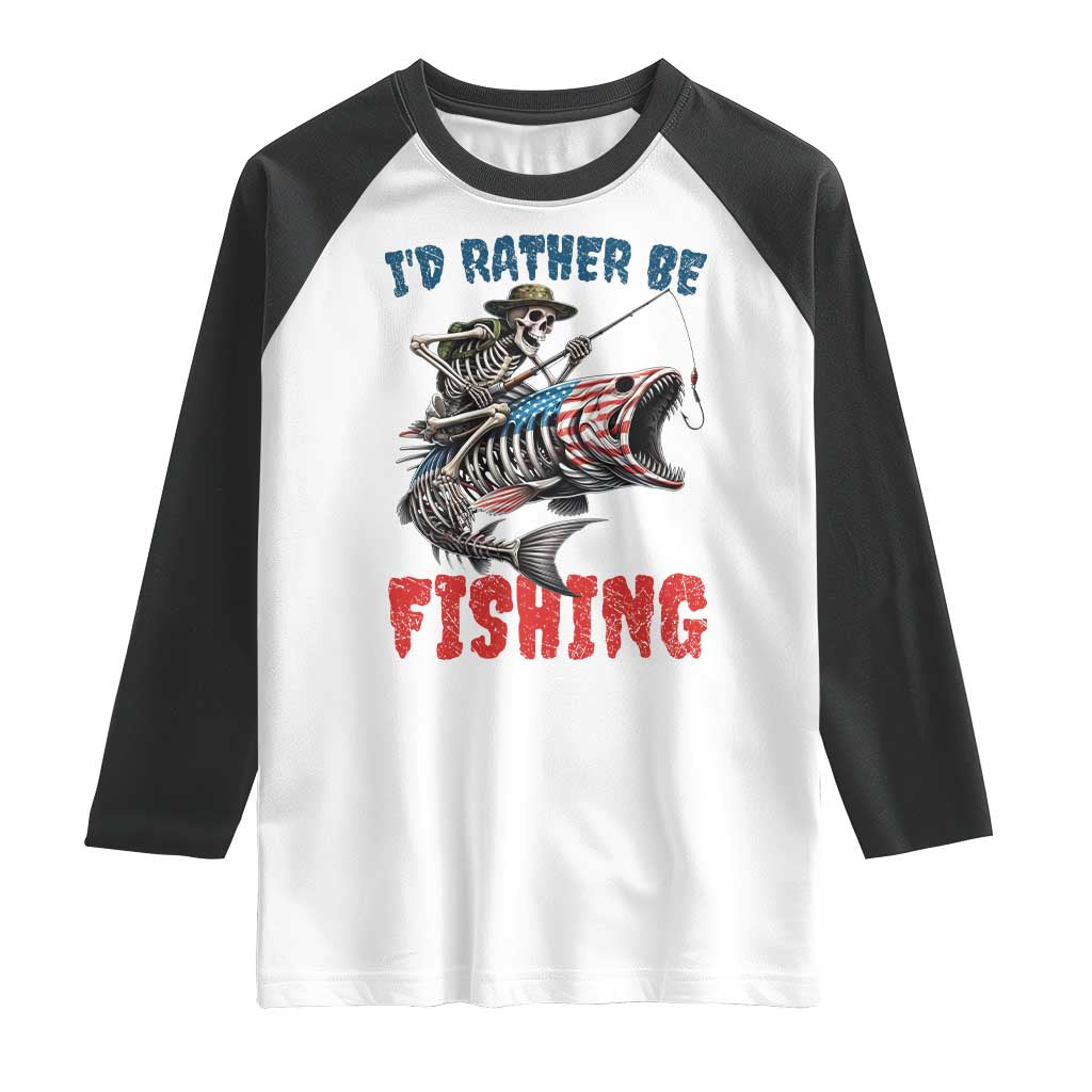 Funny Skeleton Fish Raglan Shirt Id Rather Be Fishing Bass Fisherman Halloween - Wonder Print Shop