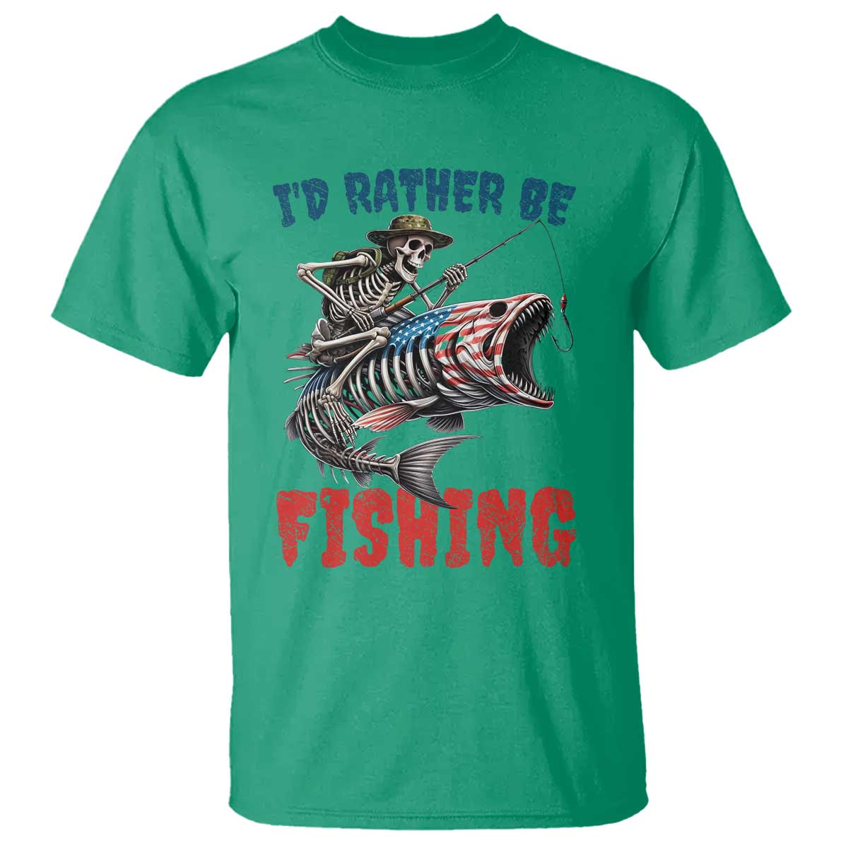 Funny Skeleton Fish T Shirt Id Rather Be Fishing Bass Fisherman Halloween - Wonder Print Shop