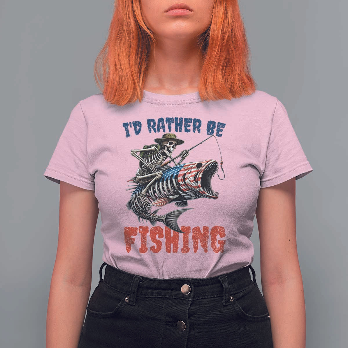 Funny Skeleton Fish T Shirt For Women Id Rather Be Fishing Bass Fisherman Halloween - Wonder Print Shop