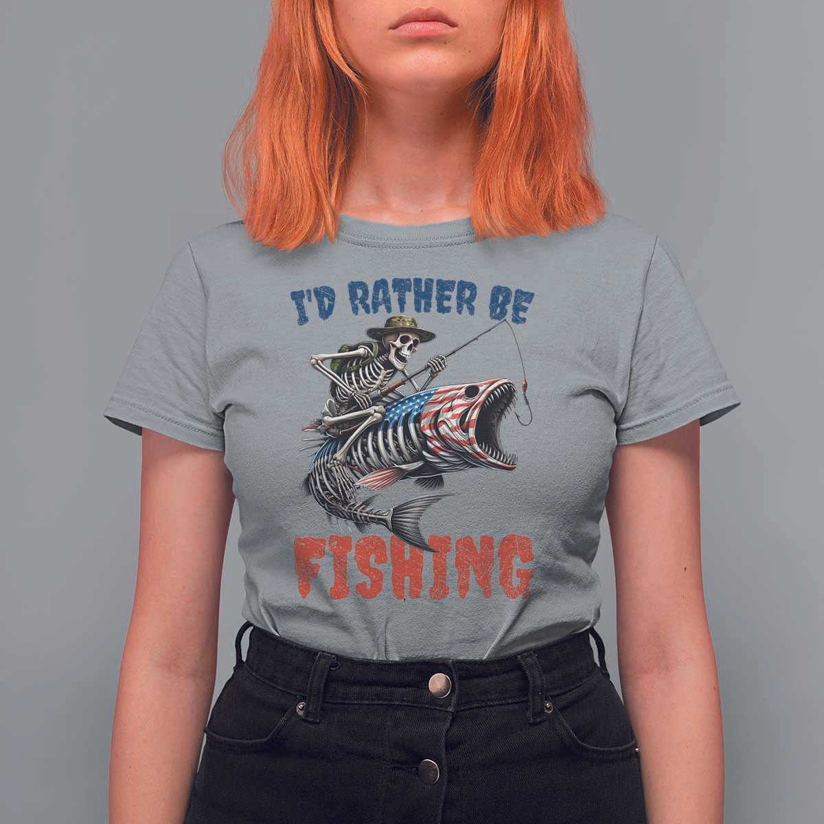 Funny Skeleton Fish T Shirt For Women Id Rather Be Fishing Bass Fisherman Halloween - Wonder Print Shop