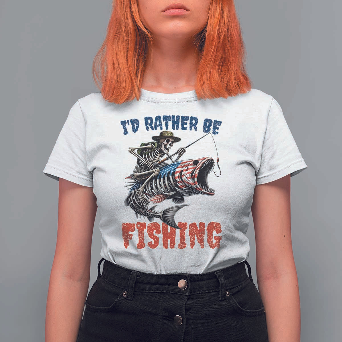 Funny Skeleton Fish T Shirt For Women Id Rather Be Fishing Bass Fisherman Halloween - Wonder Print Shop