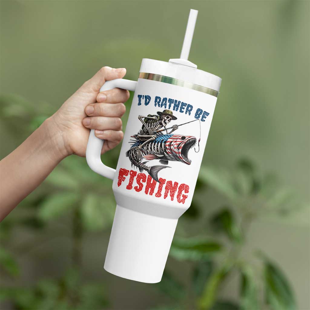 Funny Skeleton Fish Tumbler With Handle Id Rather Be Fishing Bass Fisherman Halloween