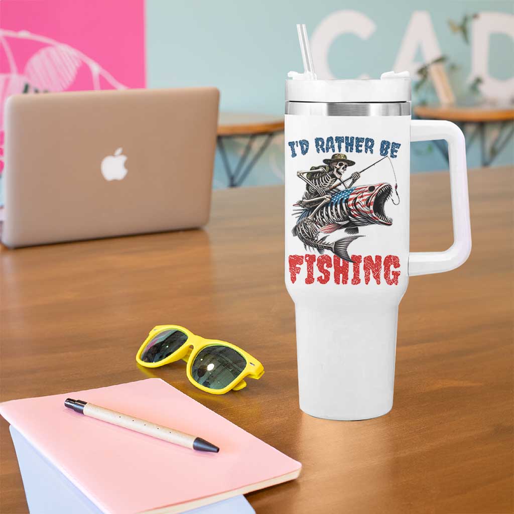 Funny Skeleton Fish Tumbler With Handle Id Rather Be Fishing Bass Fisherman Halloween