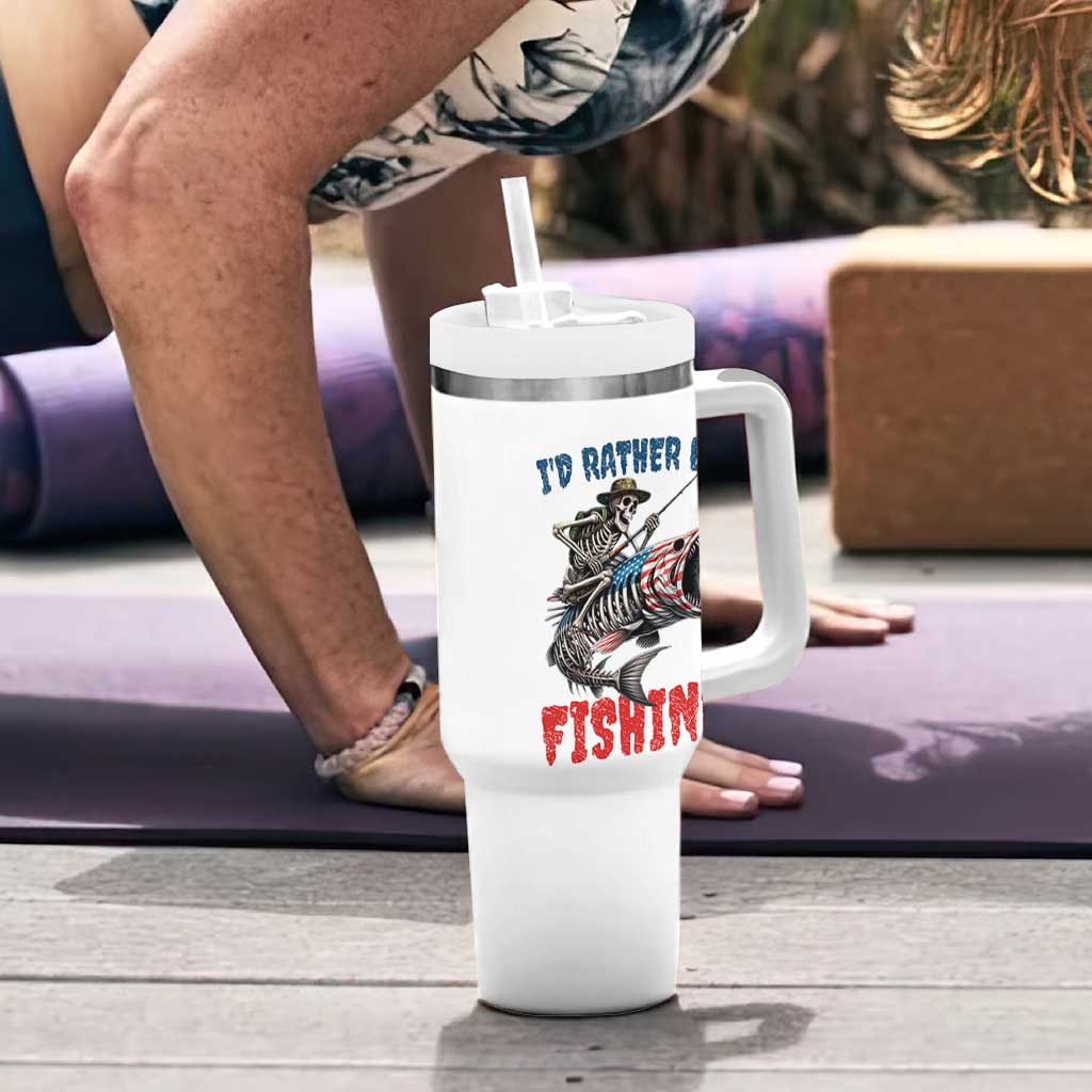 Funny Skeleton Fish Tumbler With Handle Id Rather Be Fishing Bass Fisherman Halloween