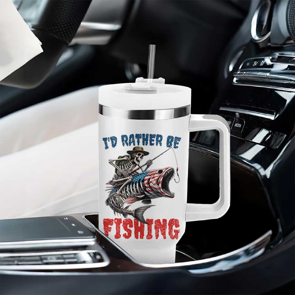 Funny Skeleton Fish Tumbler With Handle Id Rather Be Fishing Bass Fisherman Halloween