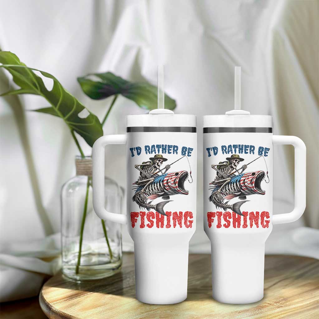 Funny Skeleton Fish Tumbler With Handle Id Rather Be Fishing Bass Fisherman Halloween