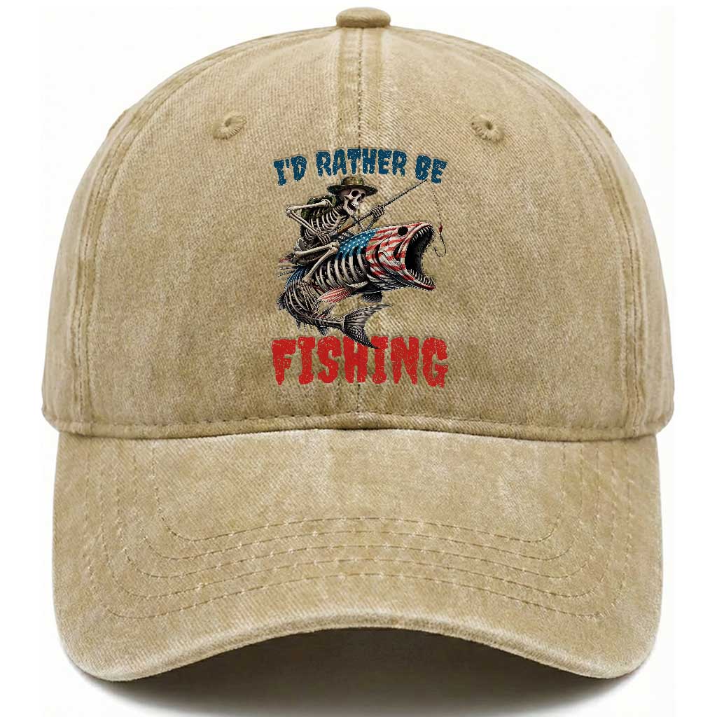 Funny Skeleton Fish Washed Cotton Baseball Cap Id Rather Be Fishing Bass Fisherman Halloween