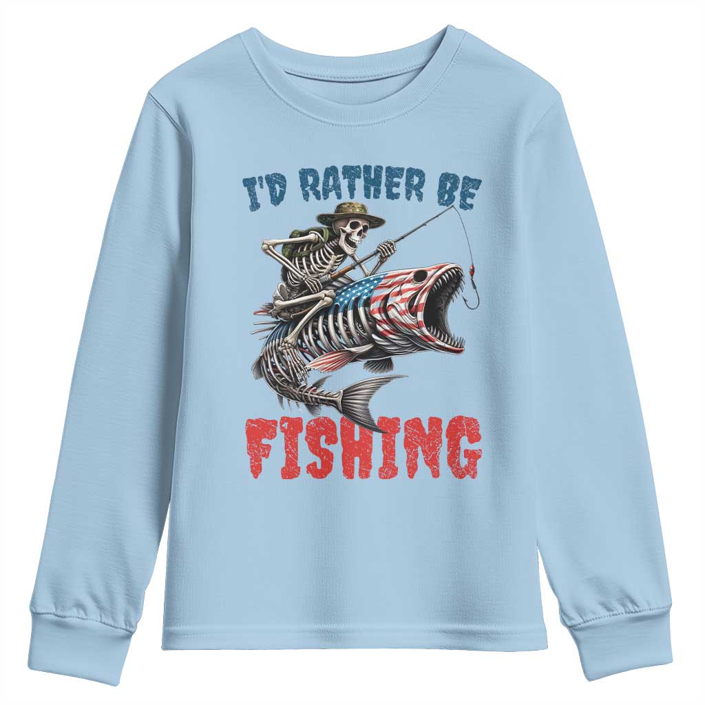 Funny Skeleton Fish Youth Sweatshirt Id Rather Be Fishing Bass Fisherman Halloween - Wonder Print Shop