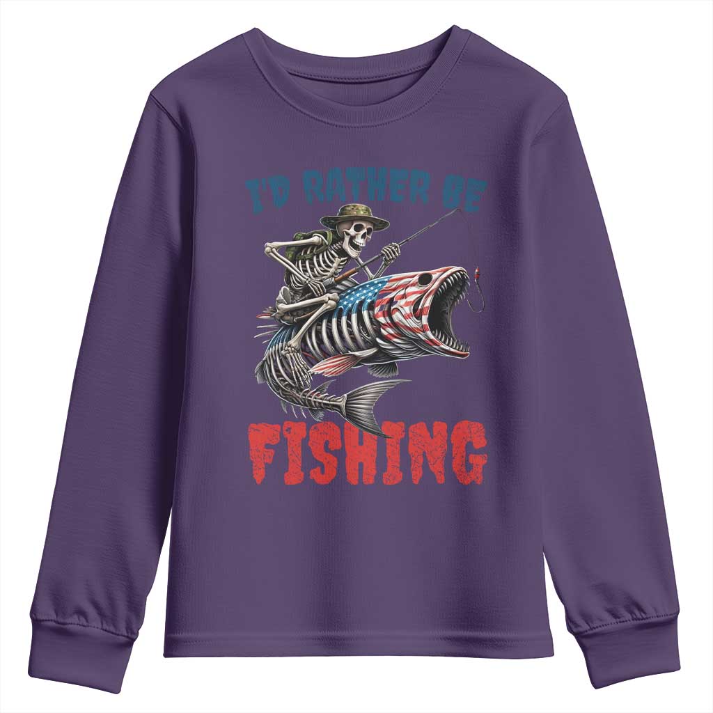 Funny Skeleton Fish Youth Sweatshirt Id Rather Be Fishing Bass Fisherman Halloween - Wonder Print Shop