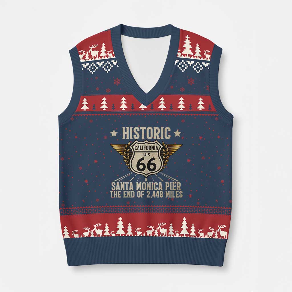 Route Highway 66 Historic California Santa Monica Pier V-Neck Knit Sweater Vest