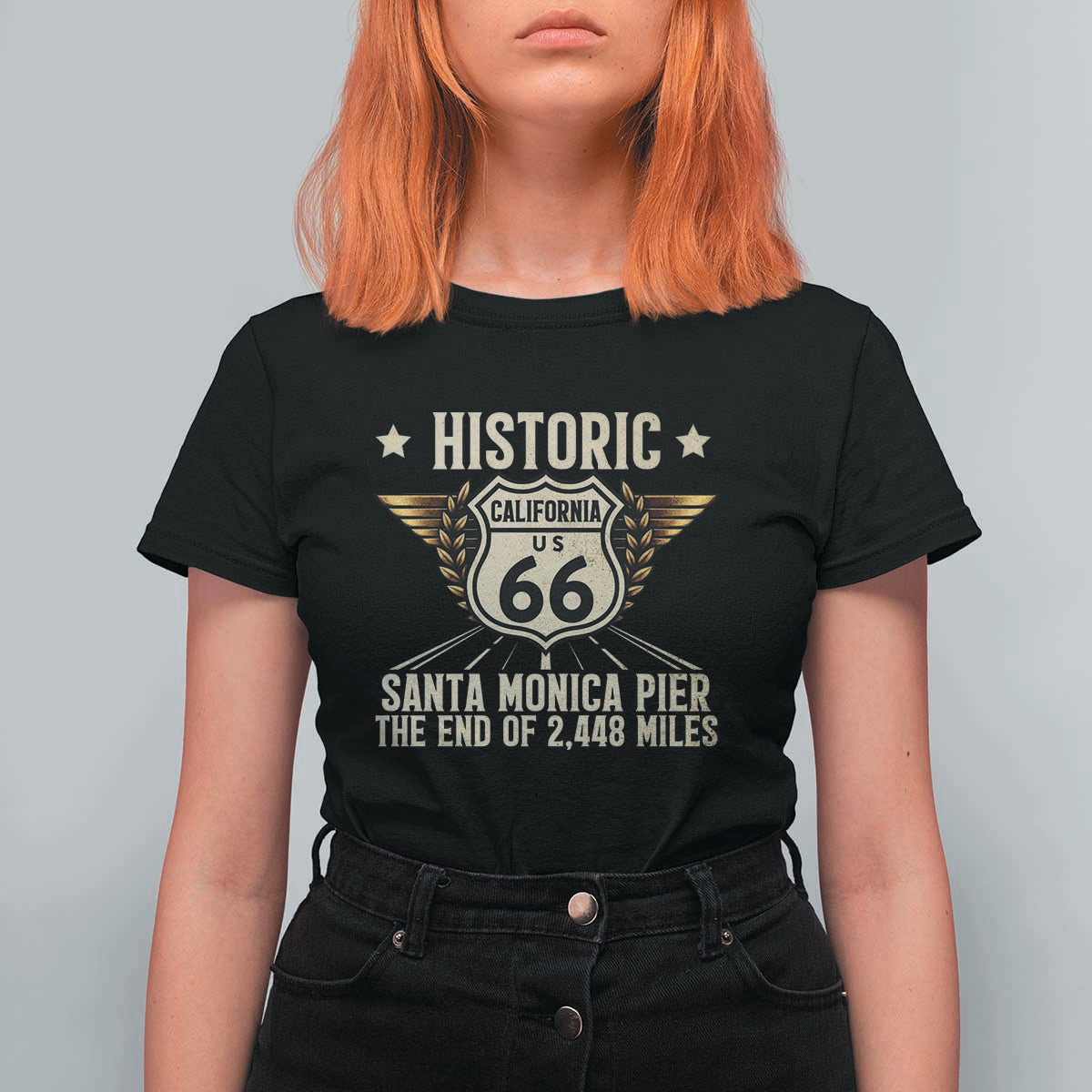 Route Highway 66 Historic California Santa Monica Pier T Shirt For Women