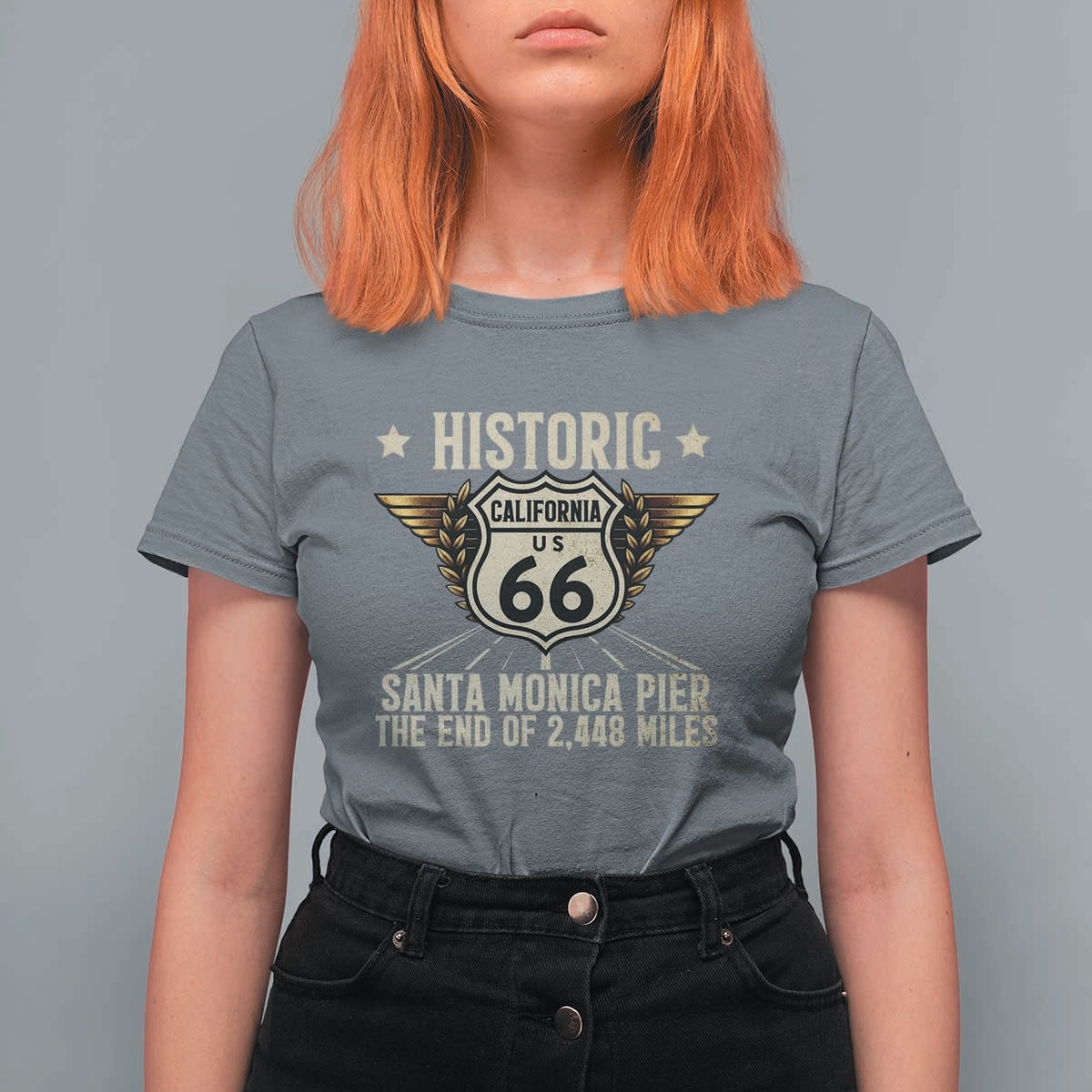 Route Highway 66 Historic California Santa Monica Pier T Shirt For Women