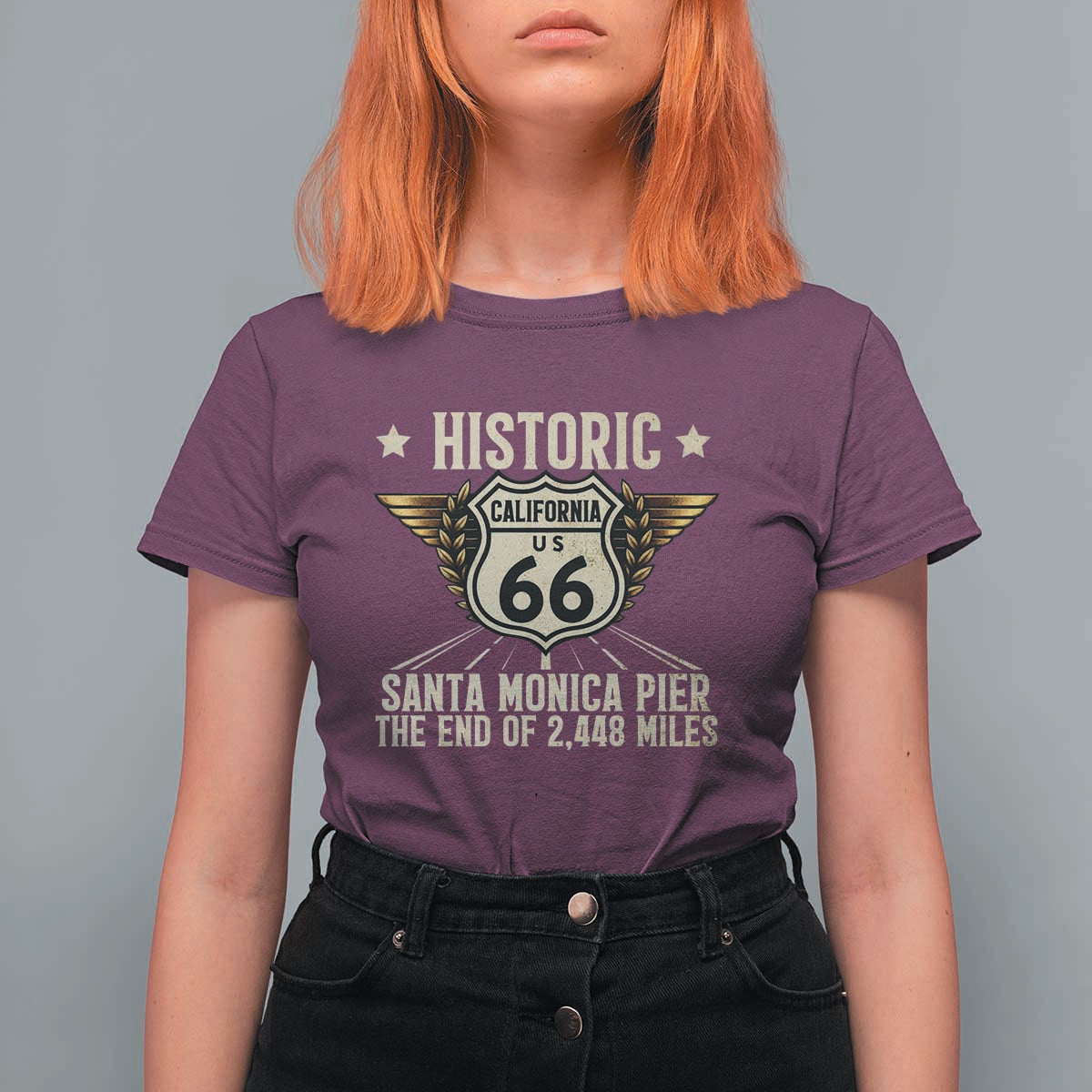 Route Highway 66 Historic California Santa Monica Pier T Shirt For Women