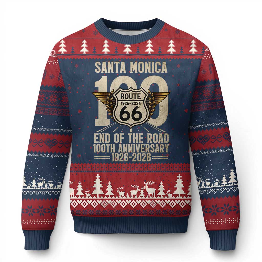 Route Highway 66 100 Year Centennial Anniversary Souvenir Ugly Christmas Sweater Santa Monica End of the Road
