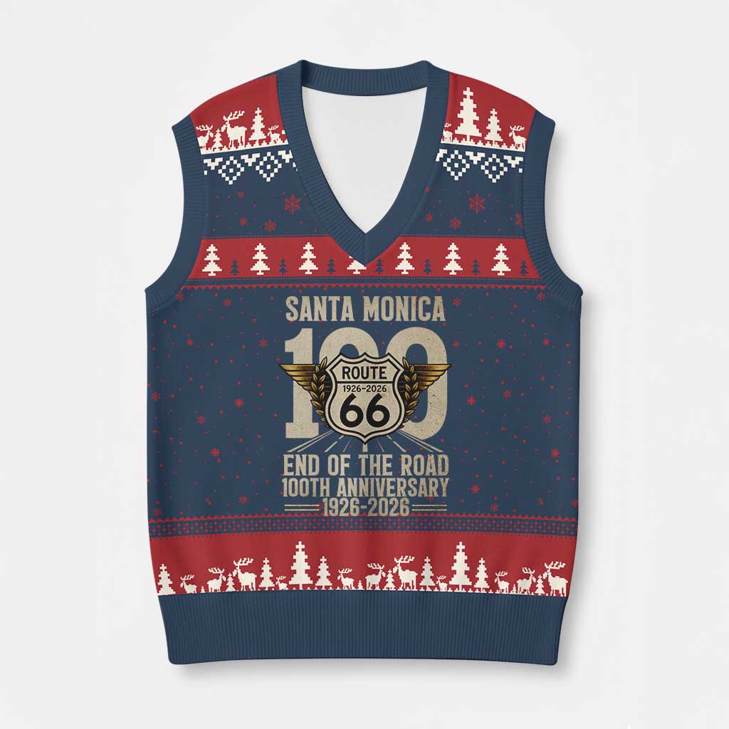 Route Highway 66 100 Year Centennial Anniversary Souvenir V-Neck Knit Sweater Vest Santa Monica End of the Road
