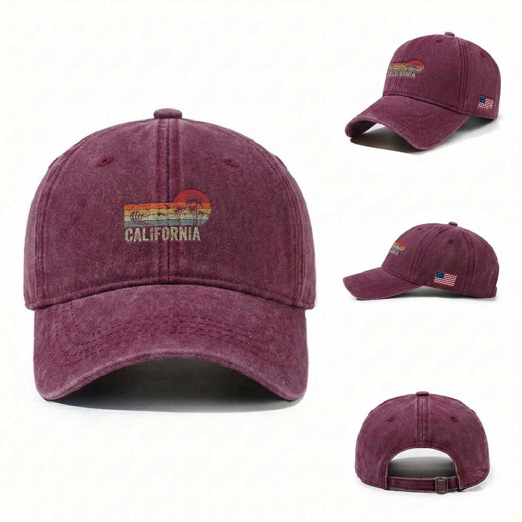 Retro California Beach Shirt, Vintage Cali Sunset Tee Washed Cotton Baseball Cap