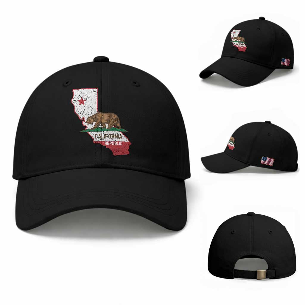 California Republic Cali Map Flag Distressed Style Baseball Cap