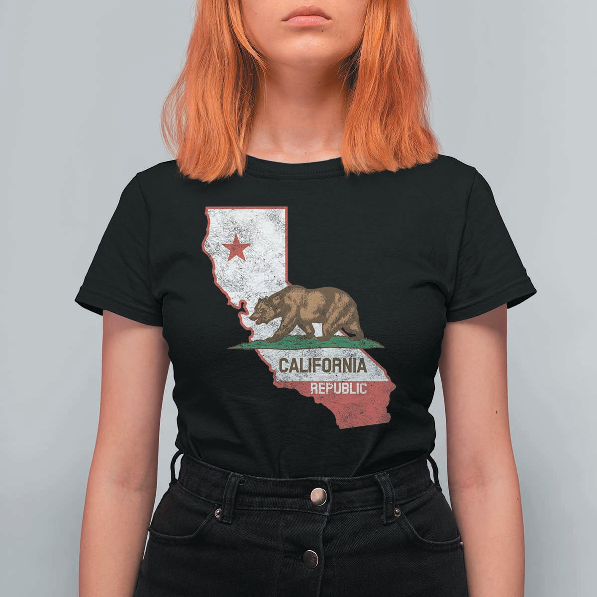 California Republic Cali Map Flag Distressed Style T Shirt For Women